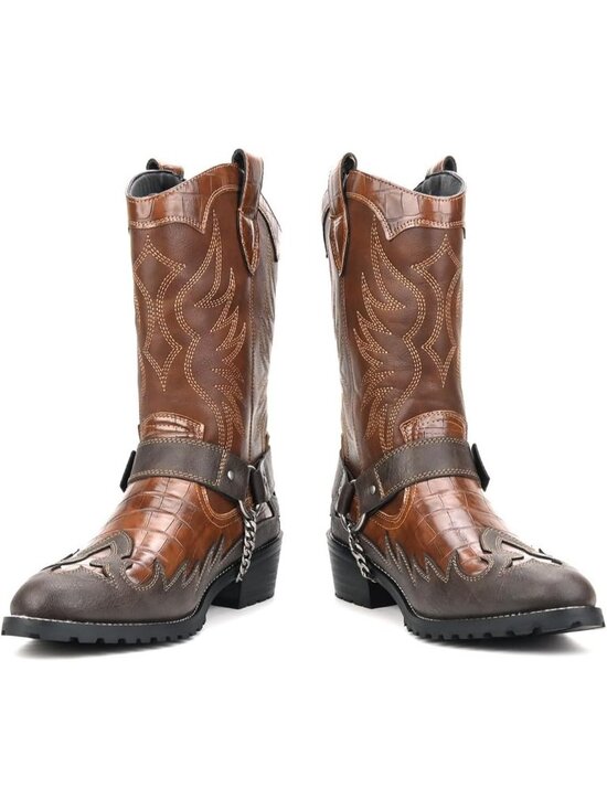 Men\'s Brown Faux Leather Fashionable Metal Chain Design Western Cowboy Boots